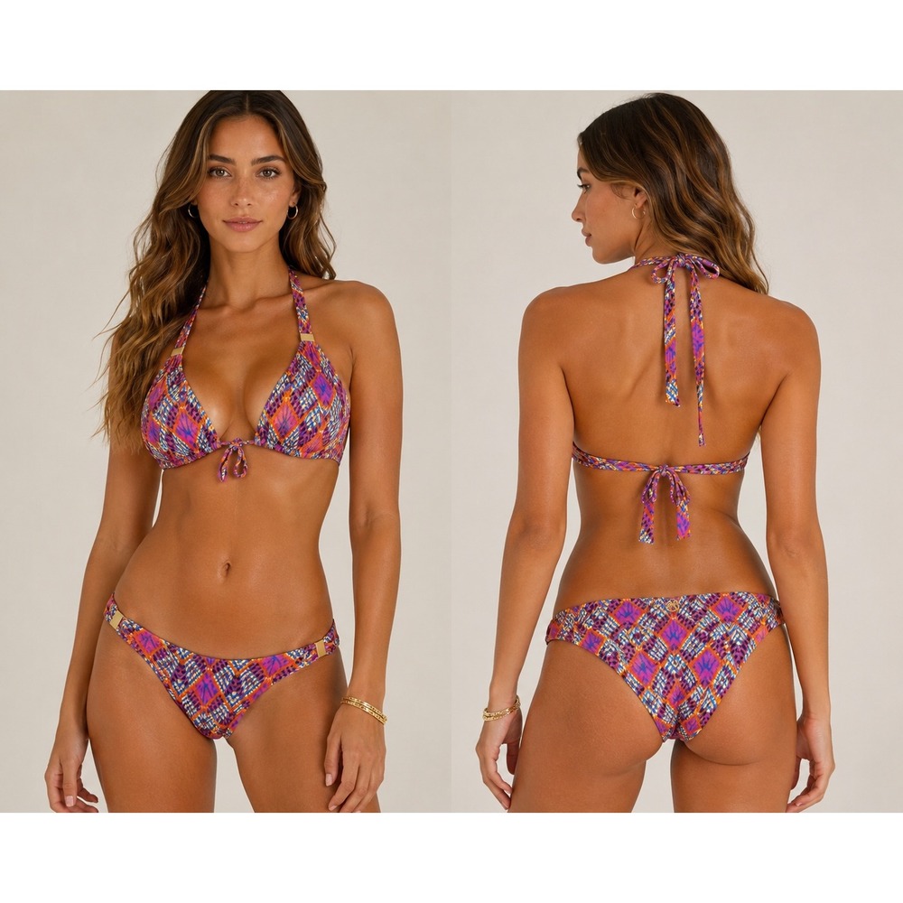 ViX Paula Hermanny Purple Orange Ikat Geometric Halter Triangle Bikini Set Large